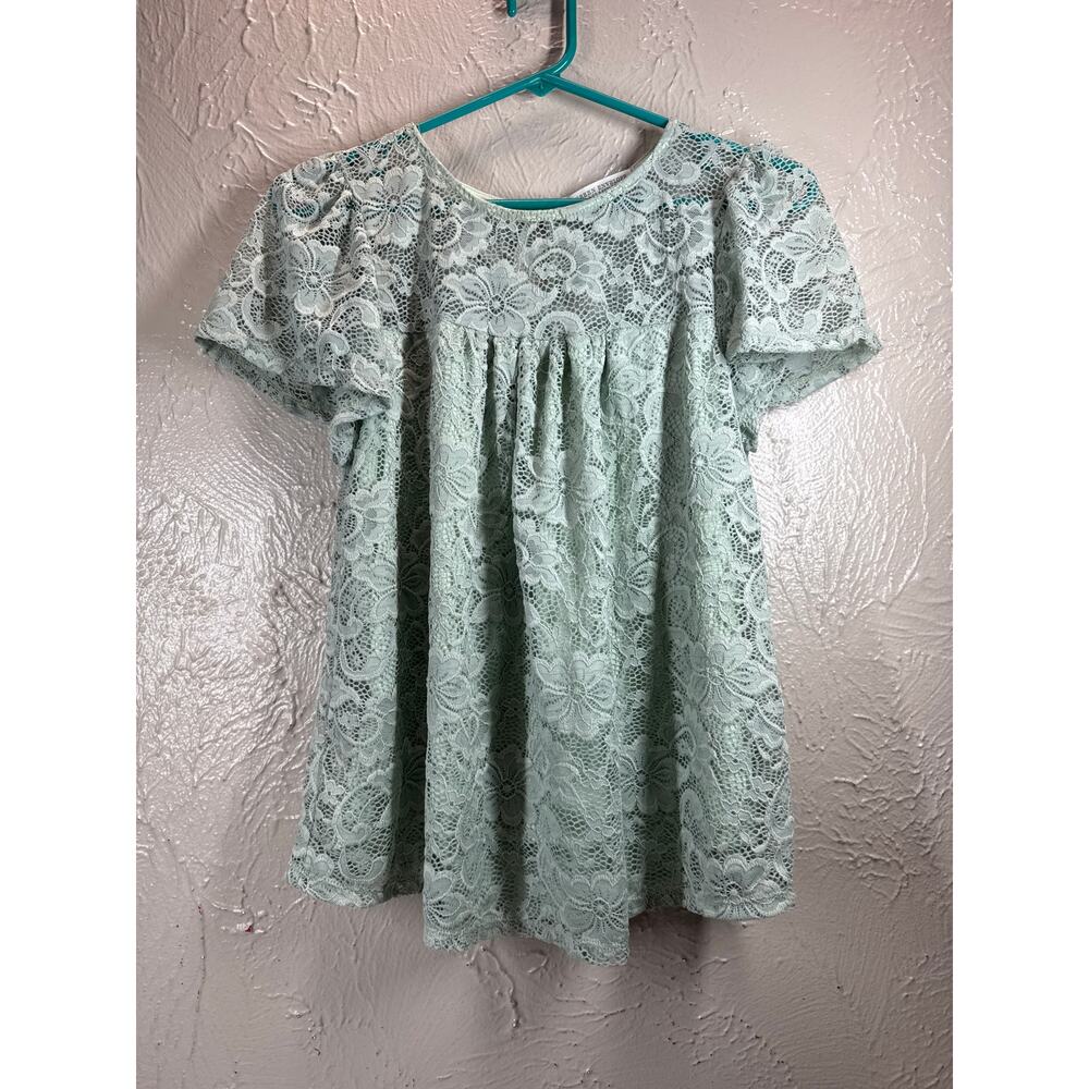 Green Envelope Blouse Womens Green Lace Button Short Sleeve Round Neck Small